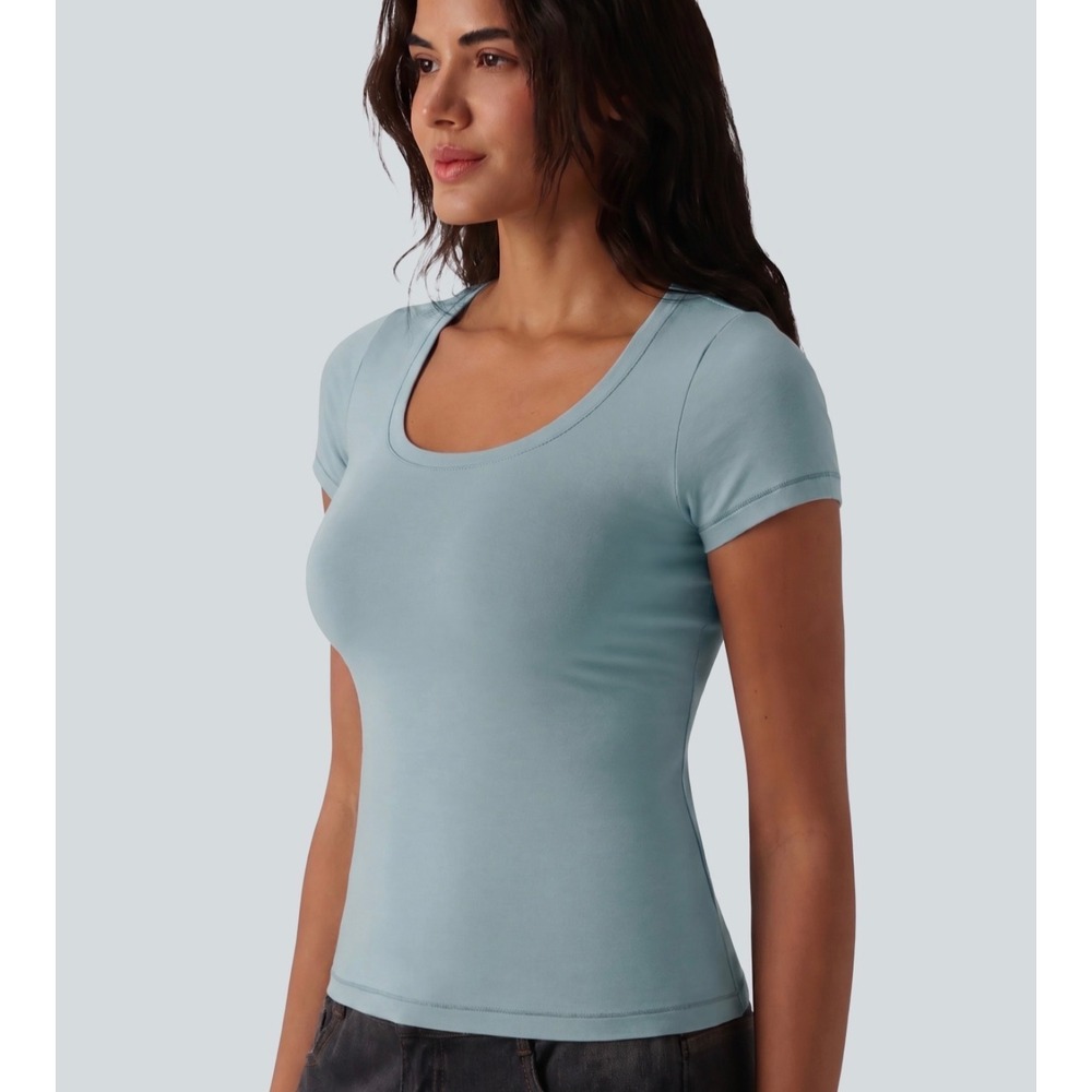 Halara Cotton Jersey Scoop Neck Short Sleeve Casual T-Shirt Light Blue M